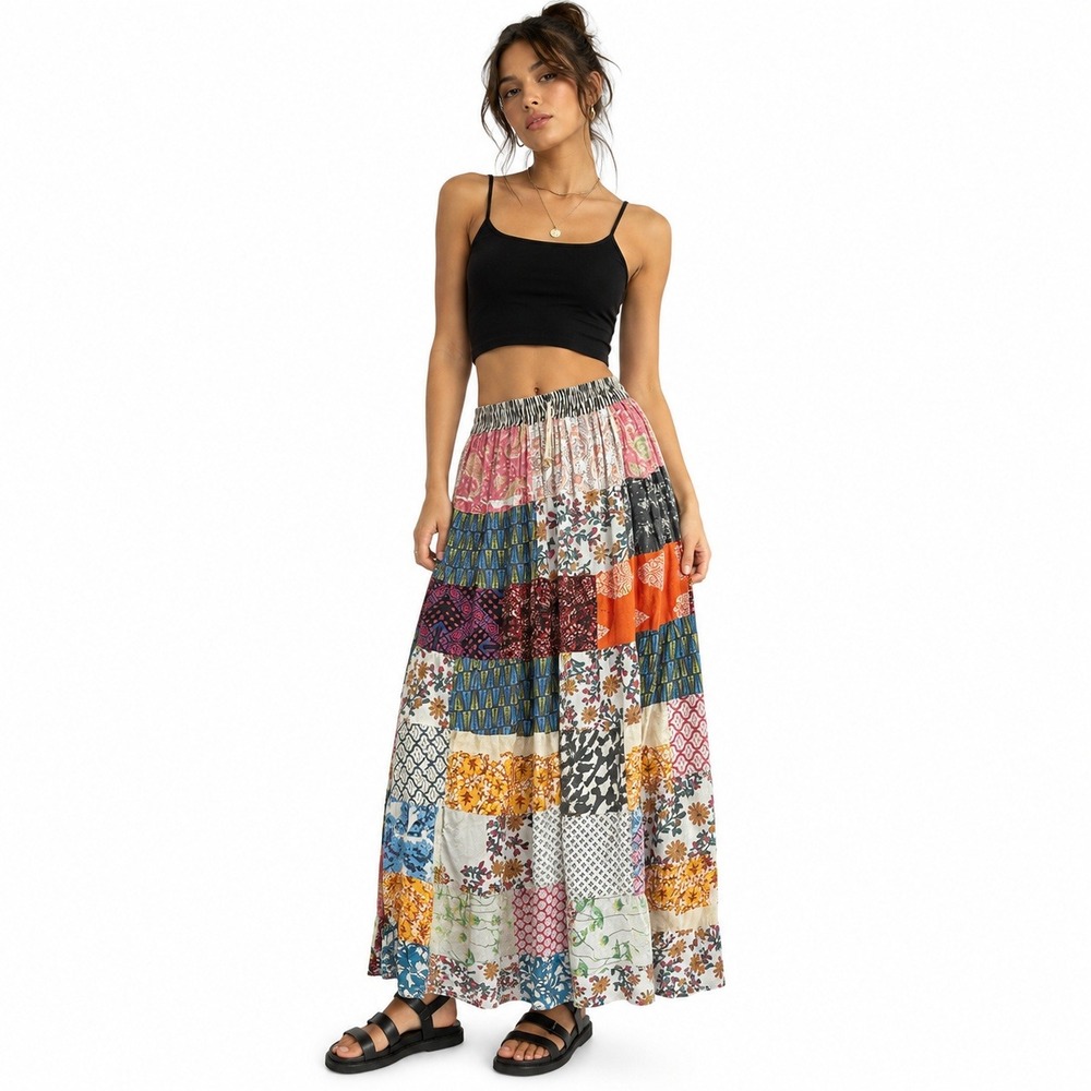 Y2K Jessica Taylor Womens Patchwork Skirt Free Size Multicolor Cotton Boho Maxi